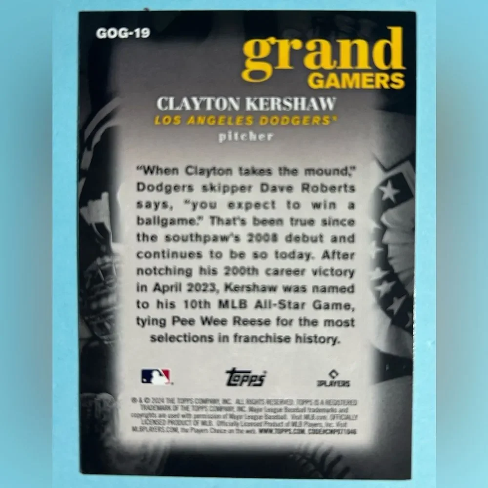 2024 Topps Grand Gamers Los Angeles Dodgers, Clayton Kershawn Card #GOG-19